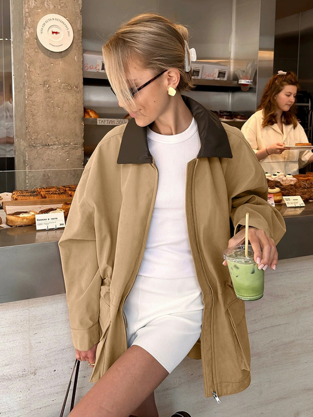 Zara Retro Loose Convertible Collar Khaki Jacket Fall Winter